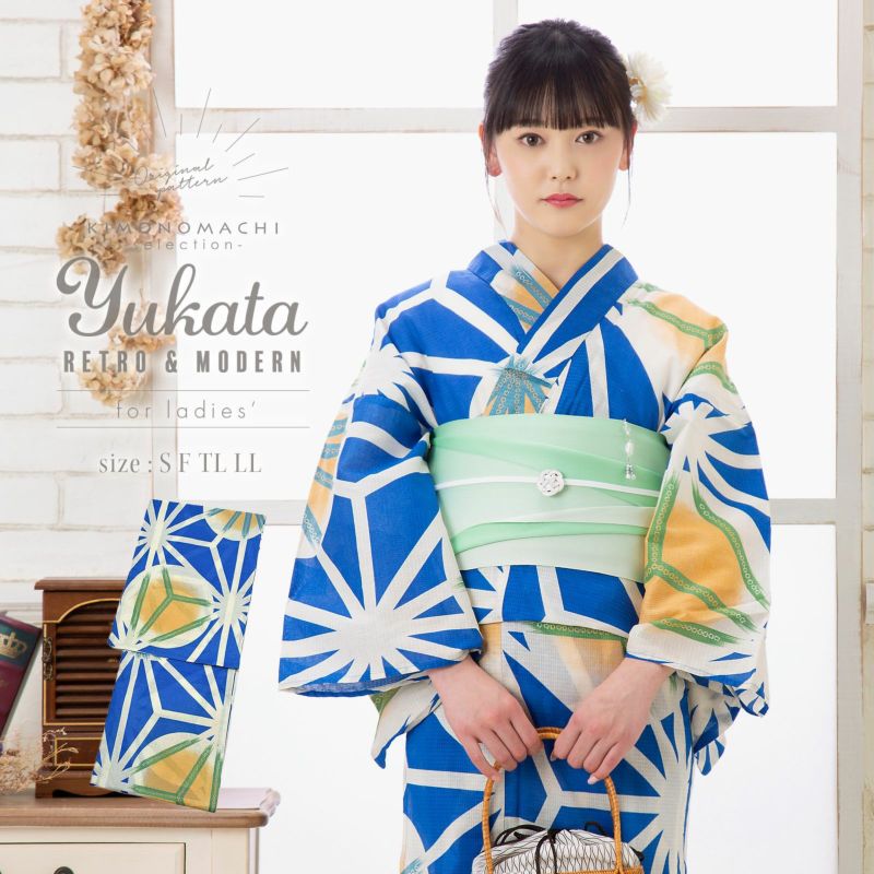 浴衣 レディース 女性浴衣単品「青 麻の葉模様」S/F/TL/LL 綿浴衣 KIMONOMACHI オリジナル プレタ浴衣 お仕立て上がり浴衣 大人浴衣 女性用 女性浴衣 ゆかた