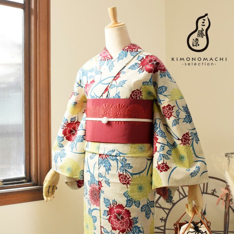 三勝 浴衣 単品 お仕立て上がり浴衣単品 「生成り色地　菊牡丹」 レディース プレタ シック 大人 モダン 粋 古典 ゆかた 女性 ブランド浴衣 花火大会 夏祭り