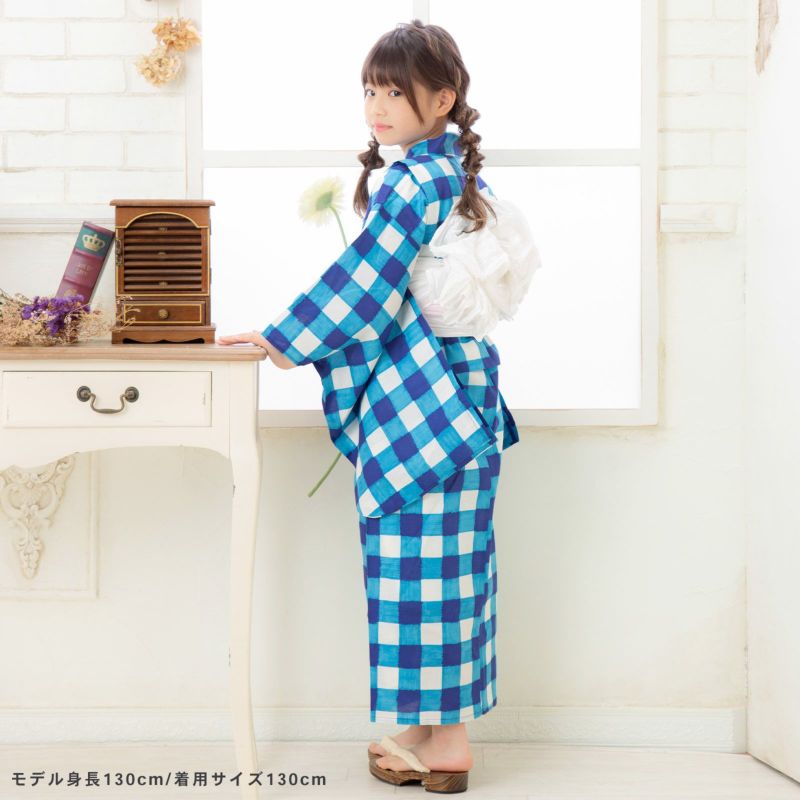 女の子 子供浴衣セット（浴衣＋帯）「ブルー 格子チェック