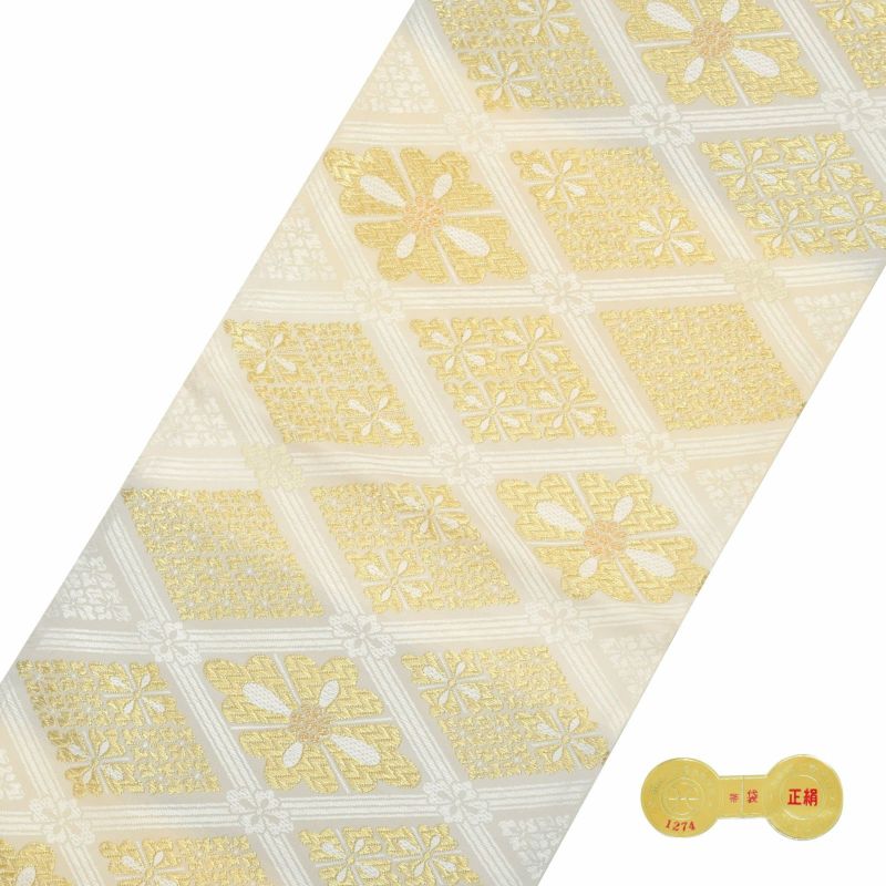 礼装 袋帯 フォーマル「白×ゴールド 花菱格子」日本製 西陣織 西陣織 