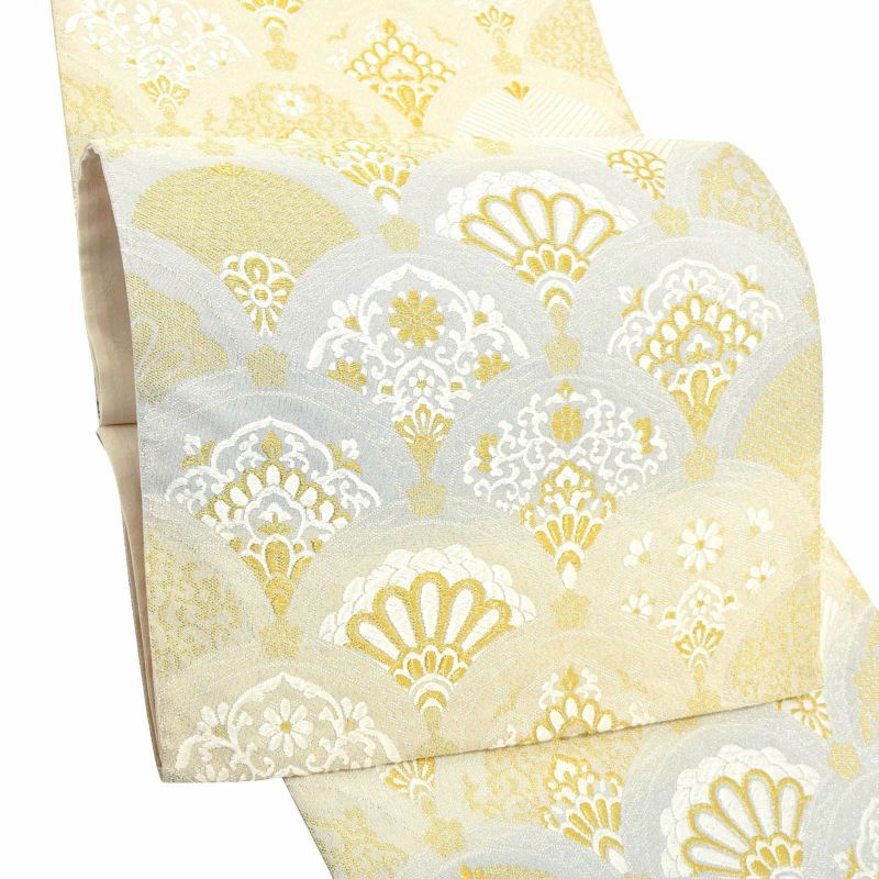 礼装 袋帯 フォーマル「白×ゴールド　花青海波」日本製 西陣織 西陣織証紙番号No.1618 株式会社丸勇謹製 絹 未仕立て 六通柄 訪問着用 色留袖用 礼装袋帯