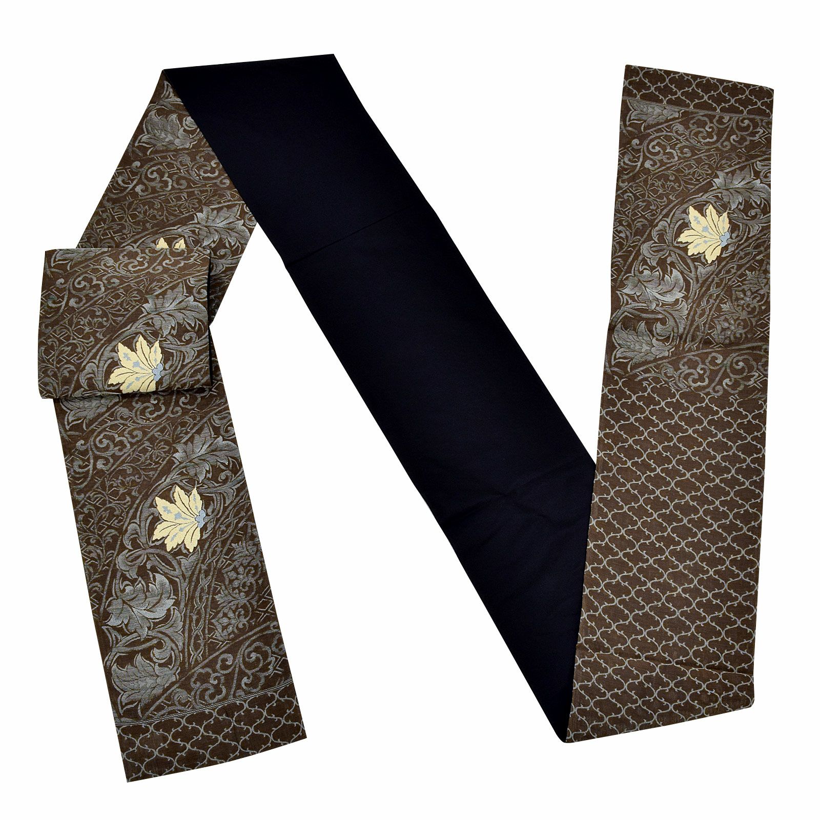 袋帯 西陣 久保坂織物 証紙付 格子に縦柄花模様 金糸 O-4693 