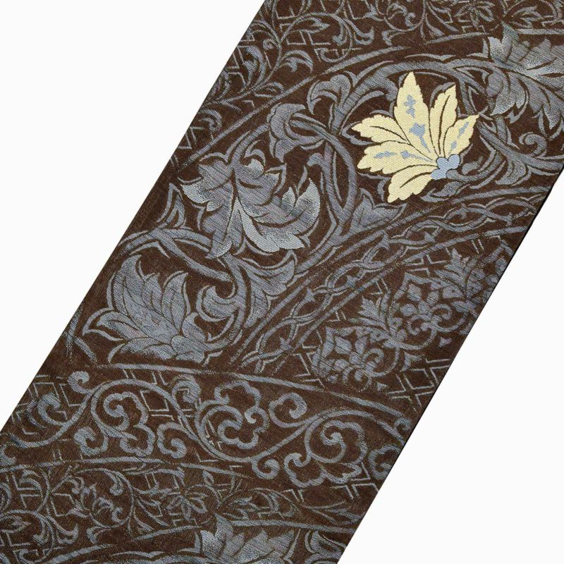 袋帯 カジュアル向け「茶色 銀灰色、唐草」日本製 西陣織 西陣織証紙