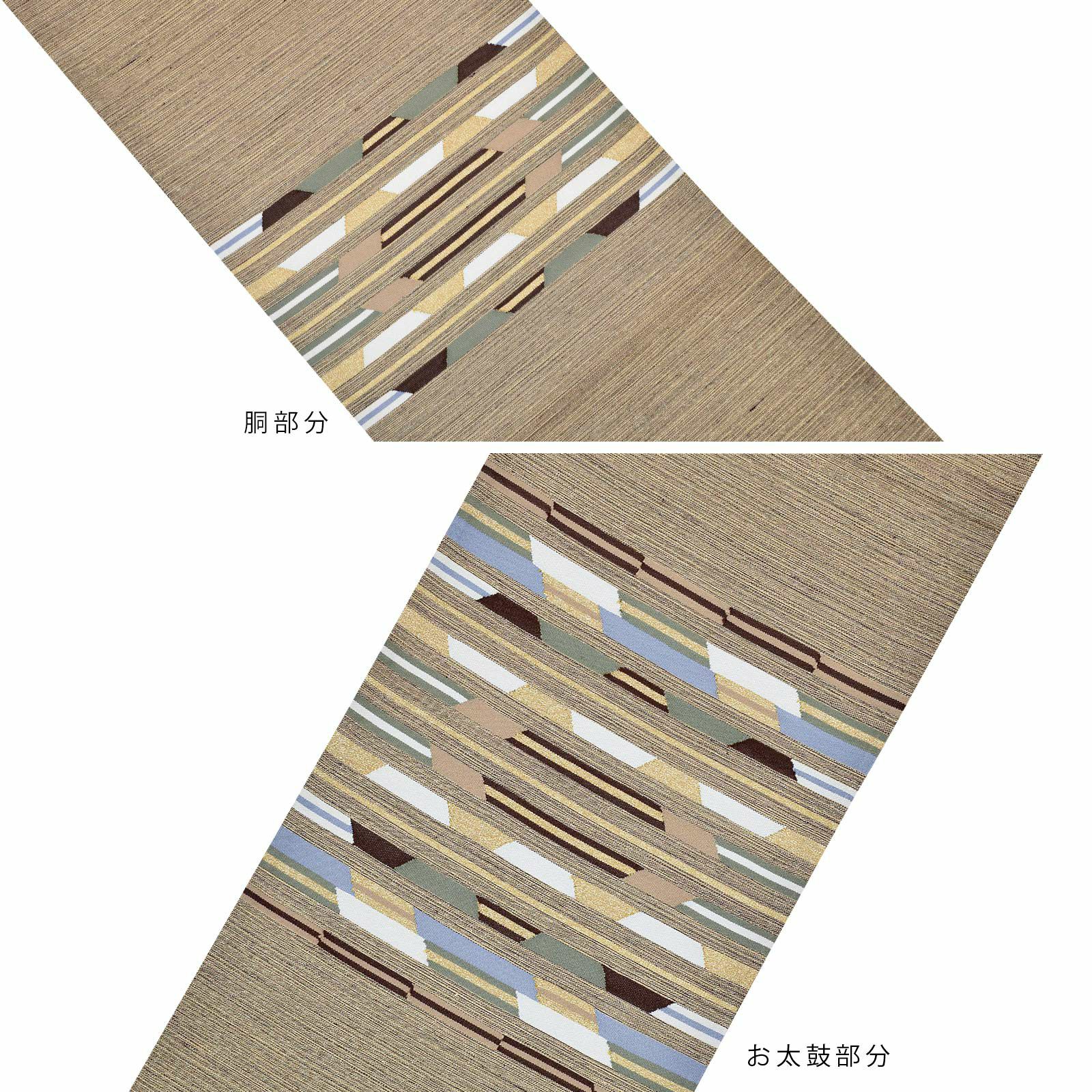 袋帯 カジュアル向け「こげ茶×金通し 幾何学」未仕立て 六通柄 洒落帯 