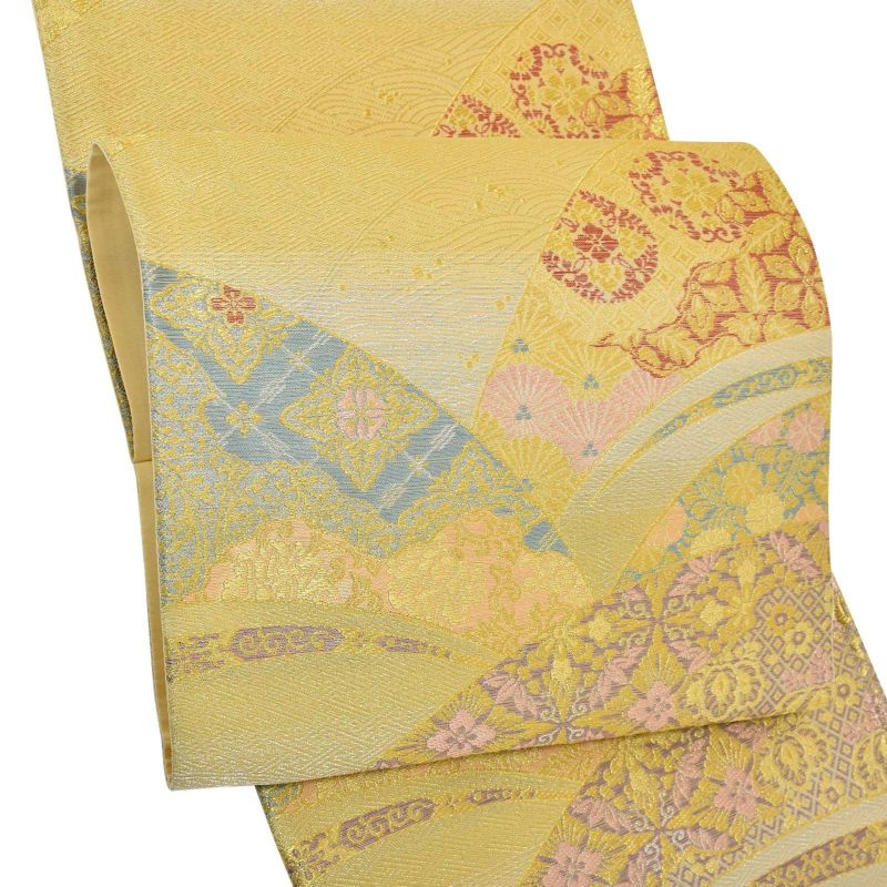 礼装 袋帯 フォーマル「鶸色×ゴールド　露芝取りに花」日本製 西陣織 西陣織証紙番号No.2293 廣部商事謹製 未仕立て 六通柄 訪問着用 色留袖用 礼装袋帯