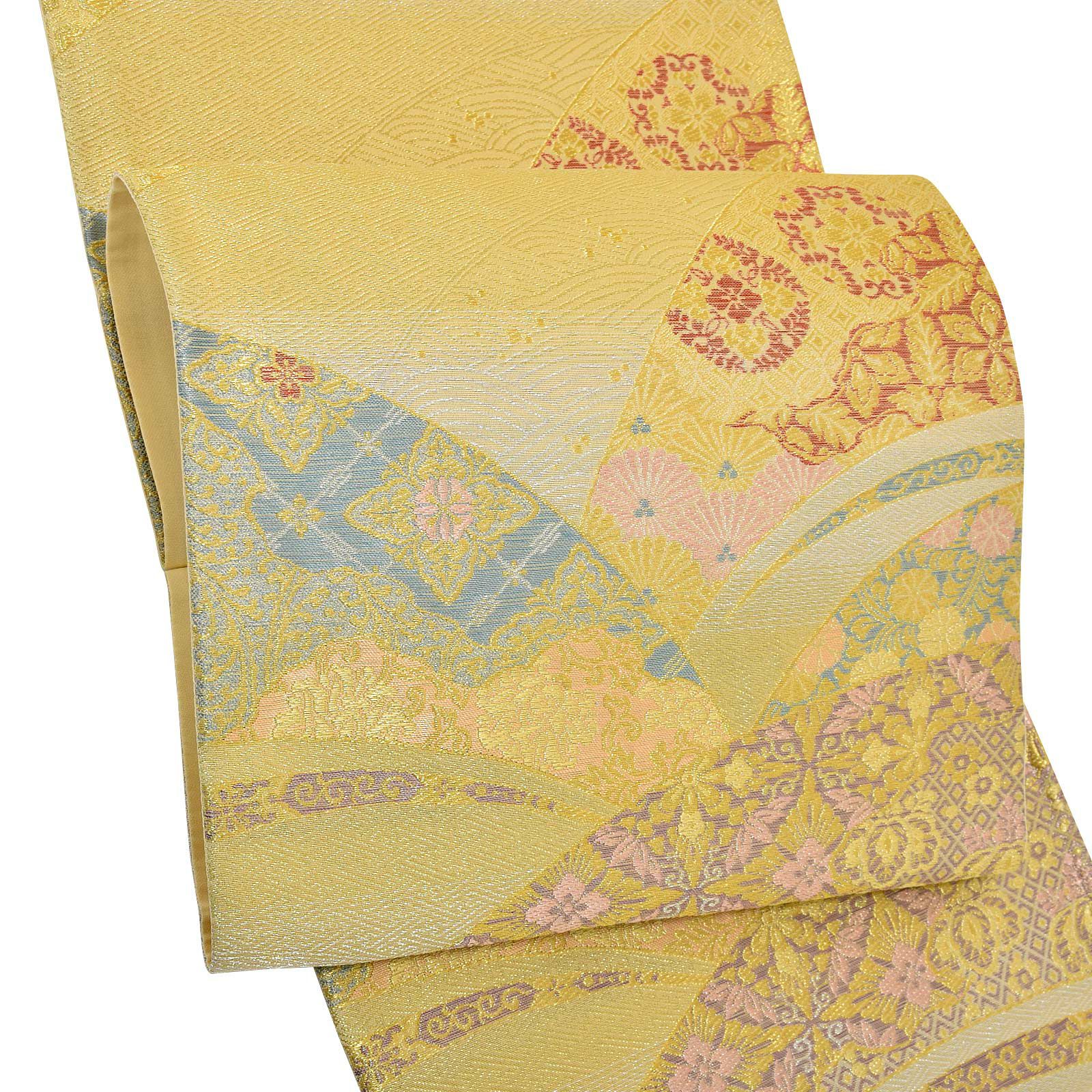 礼装 袋帯 フォーマル「鶸色×ゴールド 露芝取りに花」日本製 西陣織