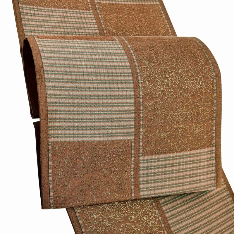 袋帯 カジュアル向け「丁子茶色　市松、縞と花紋」日本製 絹 未仕立て 六通柄 洒落帯