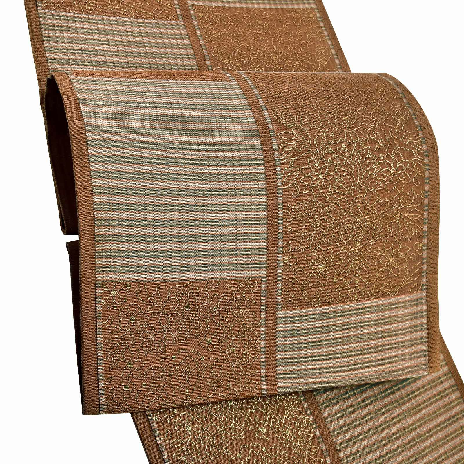 袋帯 カジュアル向け「丁子茶色　市松、縞と花紋」日本製 絹 未仕立て 六通柄 洒落帯