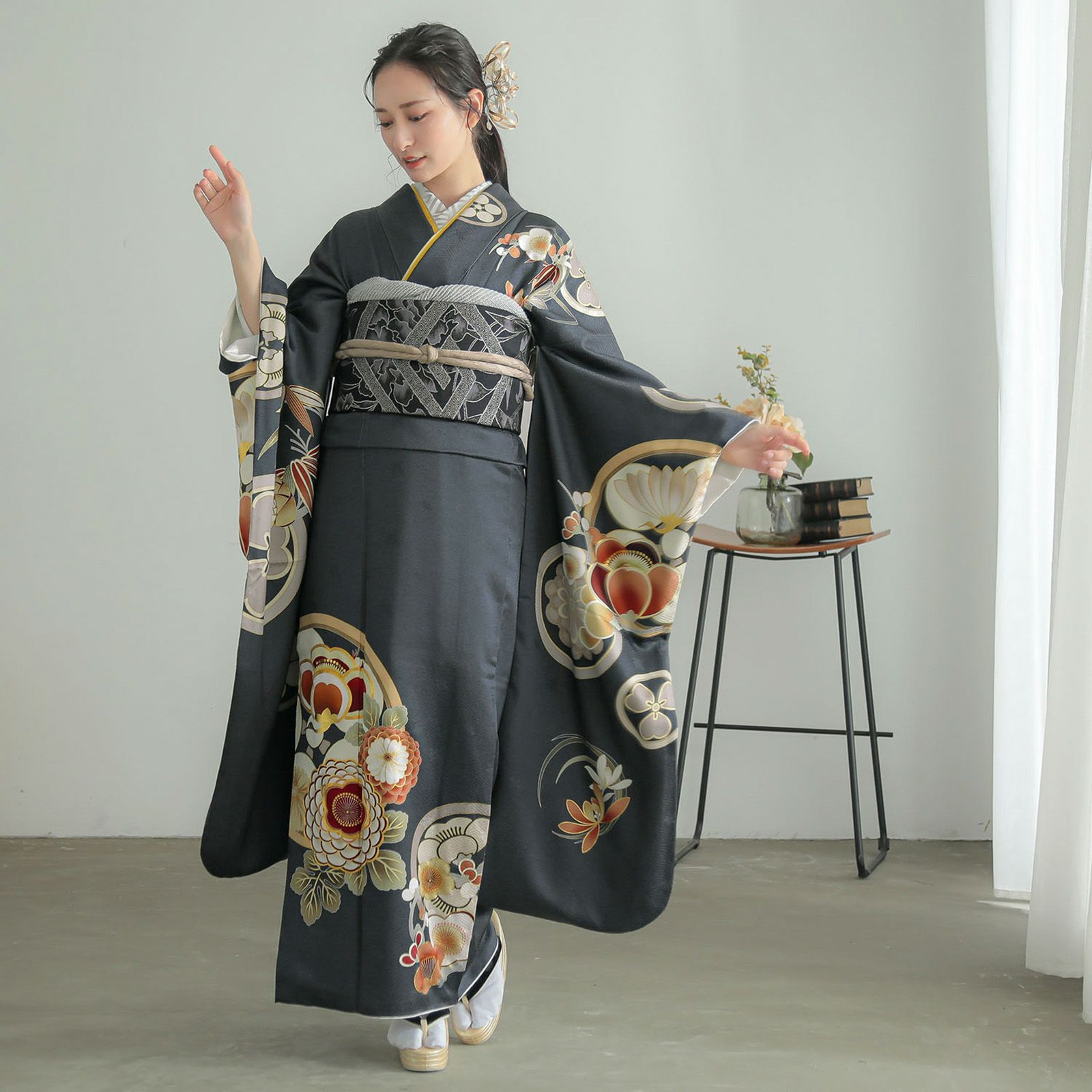 未仕立て 振袖 22点セット「Dear 濃グレー 花丸文」仮絵羽 振り袖 正絹 