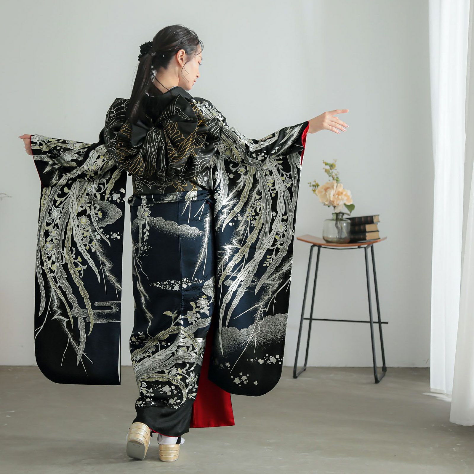 未仕立て 振袖 22点セット「Beatiful Japan ブルー×黒 鳳凰」仮絵羽 
