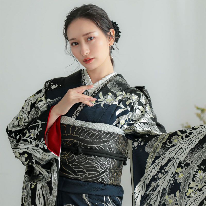 未仕立て 振袖 22点セット「Beatiful Japan ブルー×黒 鳳凰」仮絵羽 