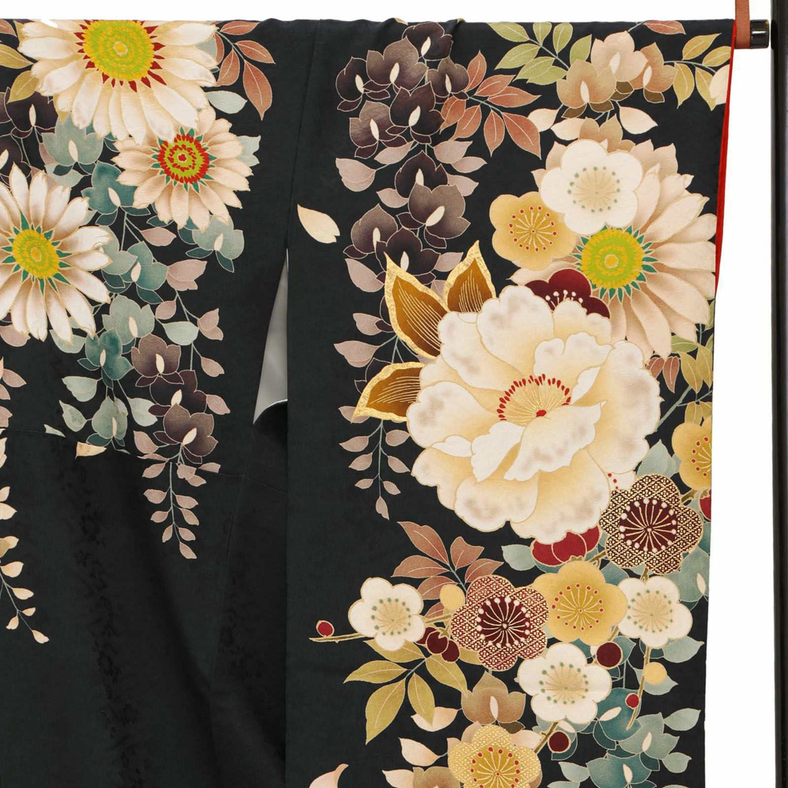 未仕立て 振袖 22点セット「Dear 墨黒 牡丹と藤花」仮絵羽 振り袖 正絹  