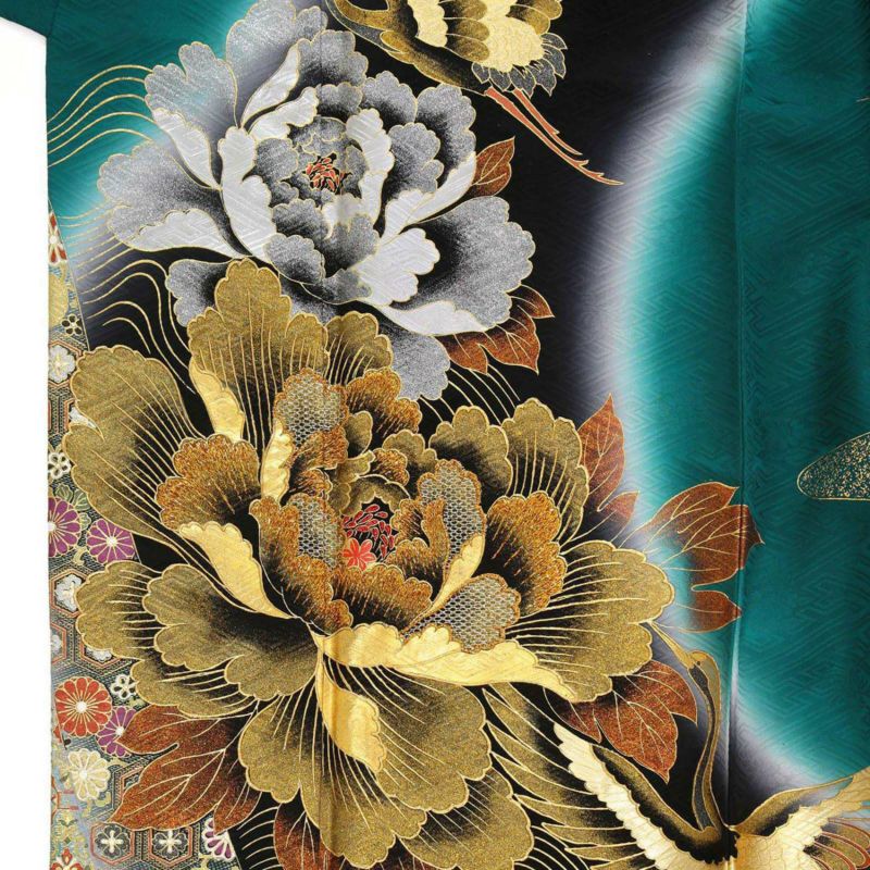 未仕立て 振袖 22点セット「桂由美 深緑 牡丹に流水と鶴」仮絵羽