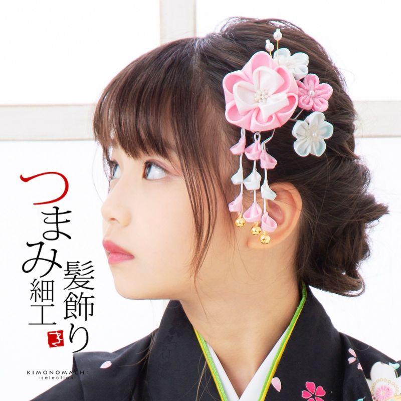 七五三 髪飾り つまみ細工 クリップ 髪飾り 単品「ピンク　つまみの八重花」日本製 ヘアアクセサリー お子様用髪飾り 七五三髪飾り