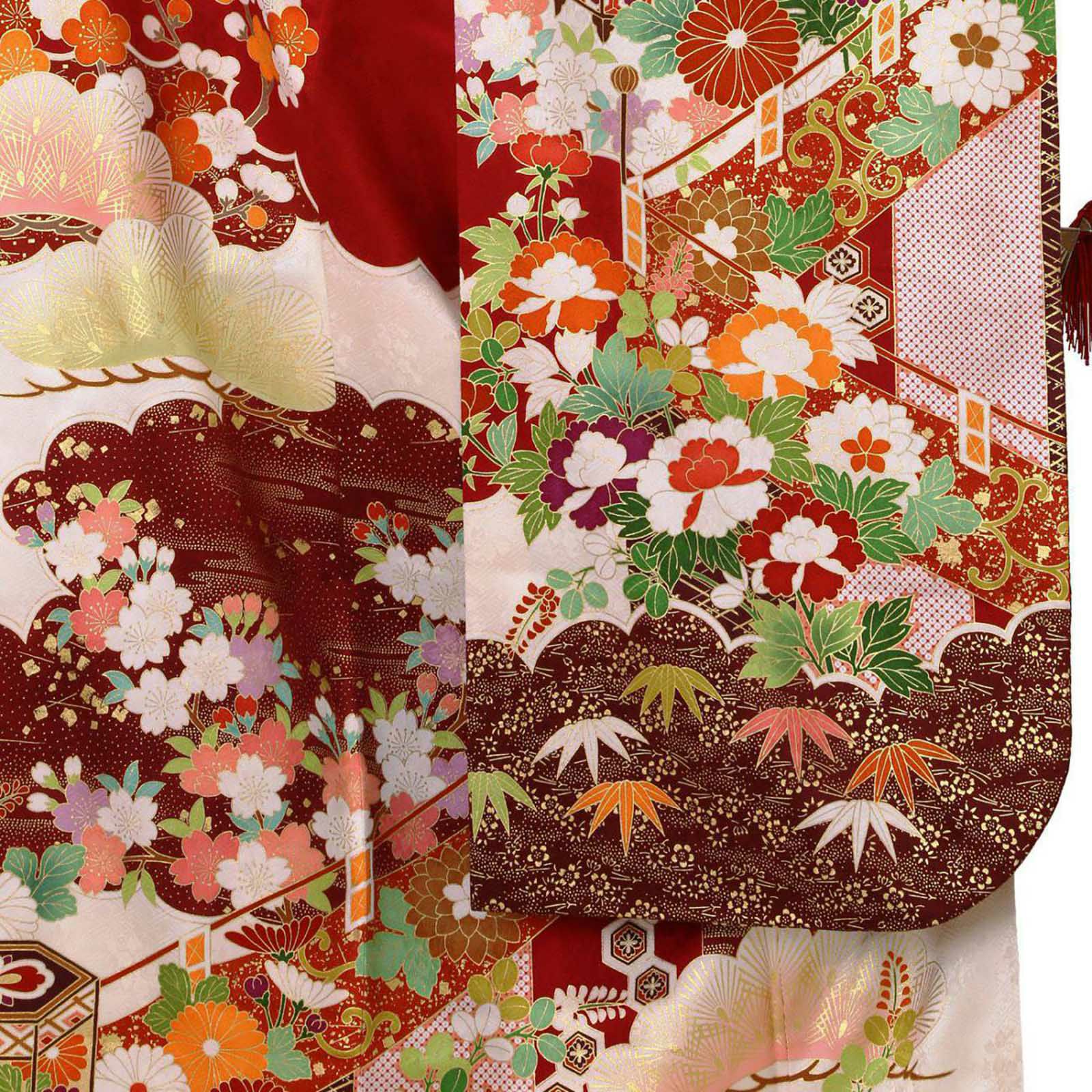 未仕立て 振袖 22点セット白 吉澤の本格型友禅 貝桶に吉祥花仮絵羽 