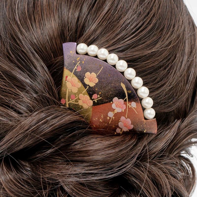 銀杏型かんざし 単品「枝梅 黒・橙」日本製 髪飾り バチ型