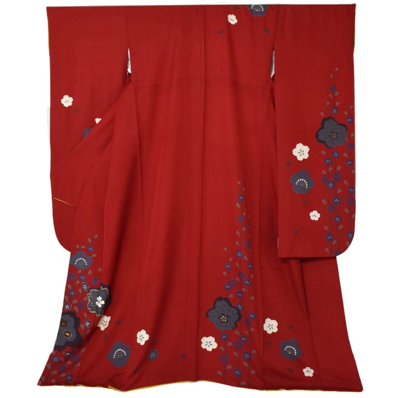 【中古品】仕立て上がり 正絹 振袖「真紅色　桜」貸衣装処分 レンタル処分品 成人式