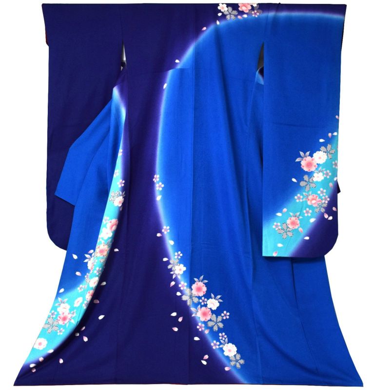 【中古品】仕立て上がり 正絹 振袖「紺藍×青　濃桜」貸衣装処分 レンタル処分品 成人式