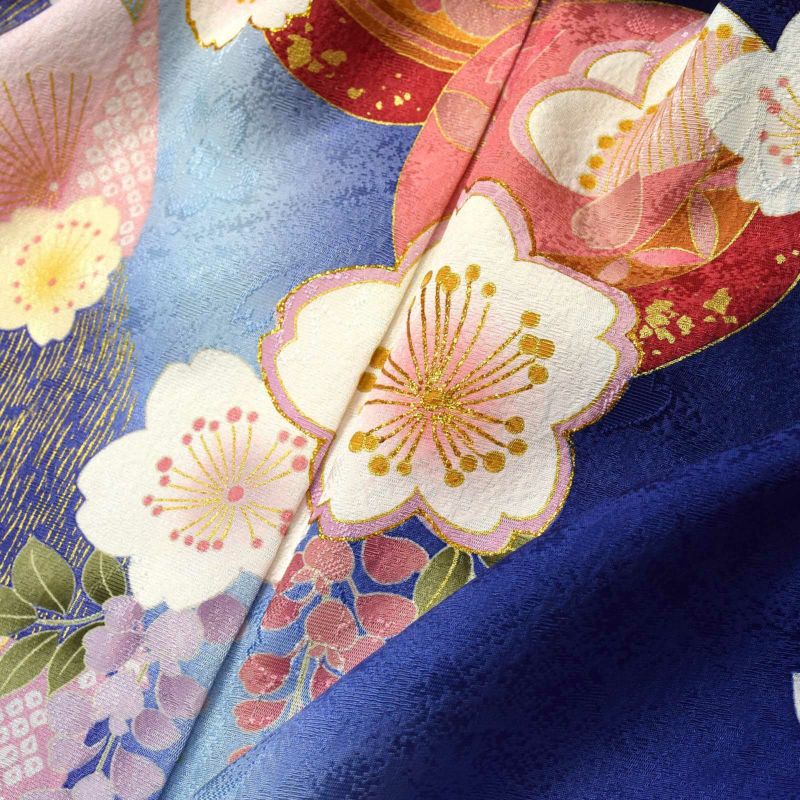 中古品】仕立て上がり 正絹 振袖「紺藍色 市松、桜花に手鞠」貸衣装 