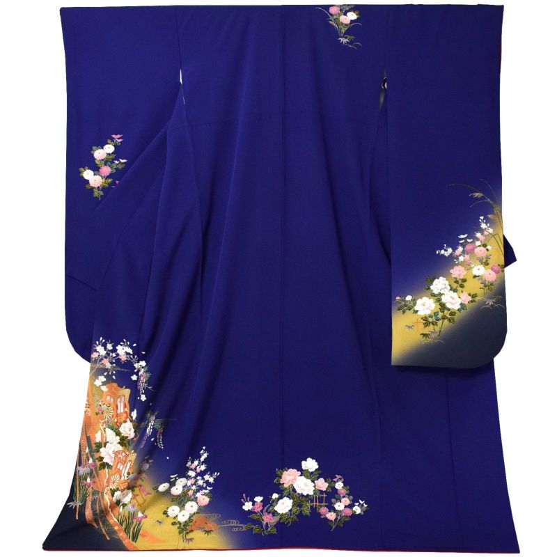 【中古品】仕立て上がり 振袖「紺青色　四季花に御所車」貸衣装処分 レンタル処分品 成人式