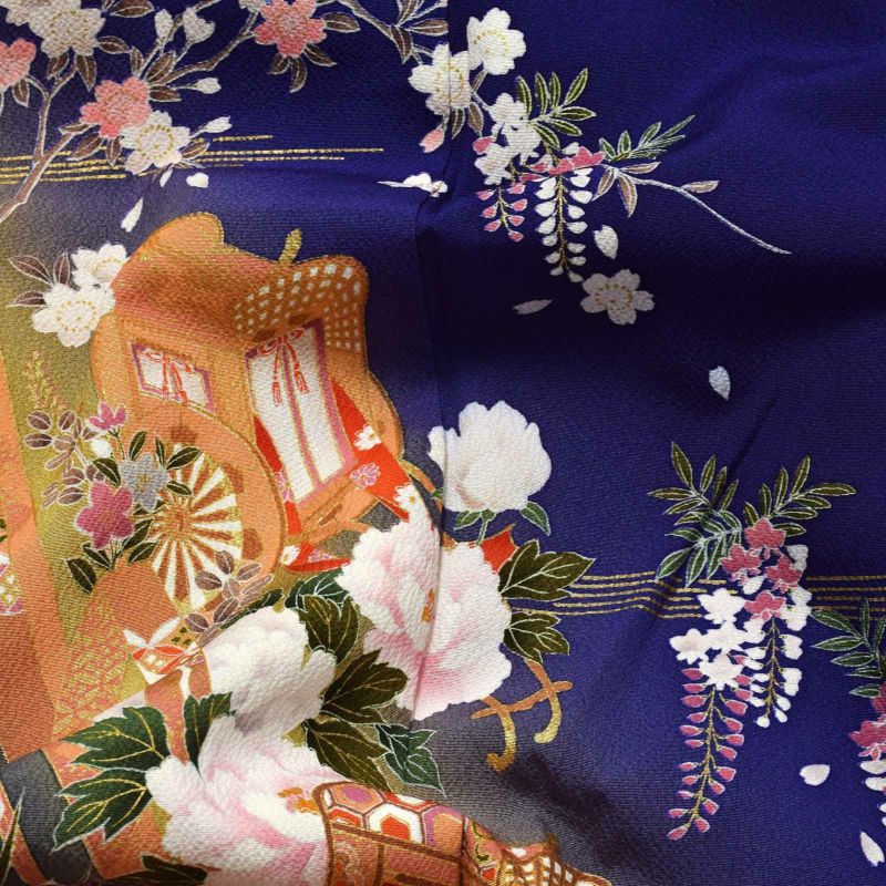 中古品】仕立て上がり 振袖「紺青色 四季花に御所車」貸衣装処分