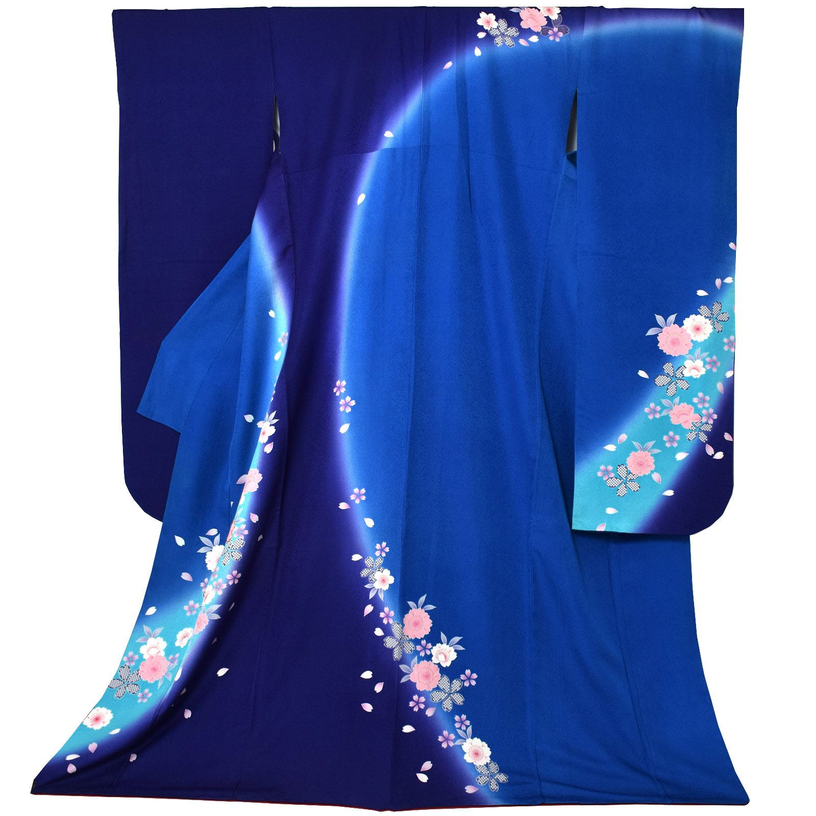 中古品】仕立て上がり 振袖「紺藍×青 薄桜」貸衣装処分 レンタル処分品 