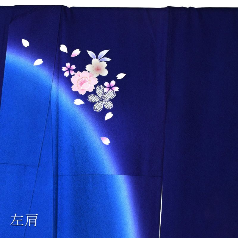 【中古品】仕立て上がり 振袖「紺藍×青 薄桜」貸衣装処分 レンタル 
