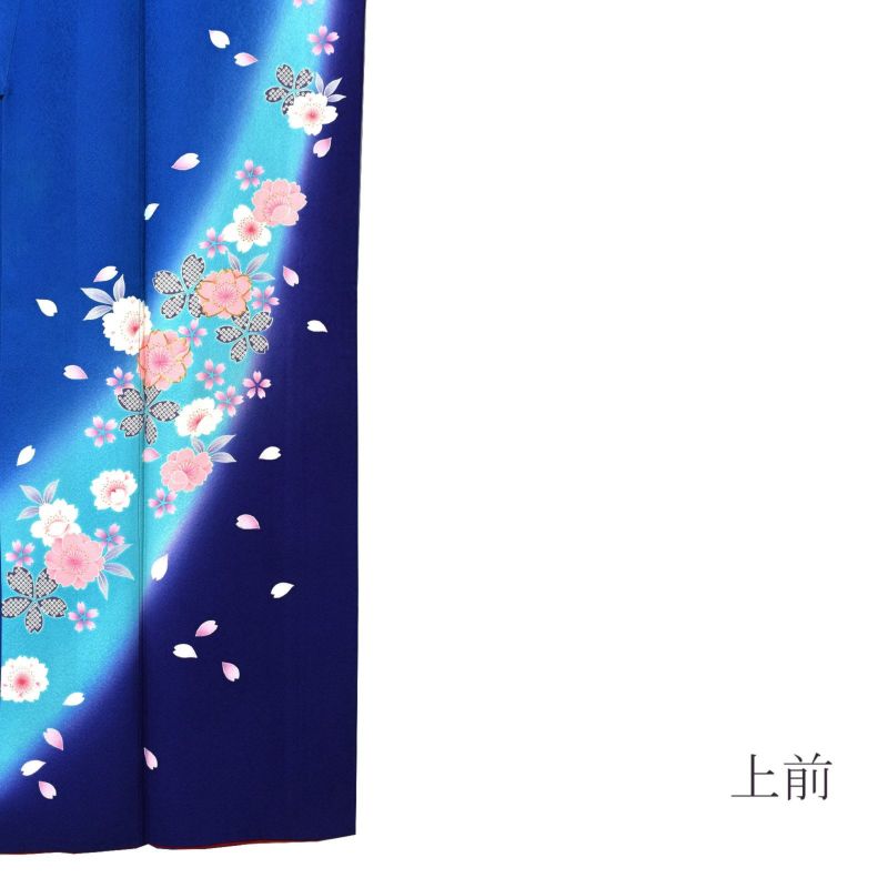 中古品】仕立て上がり 振袖「紺藍×青 薄桜」貸衣装処分 レンタル処分品