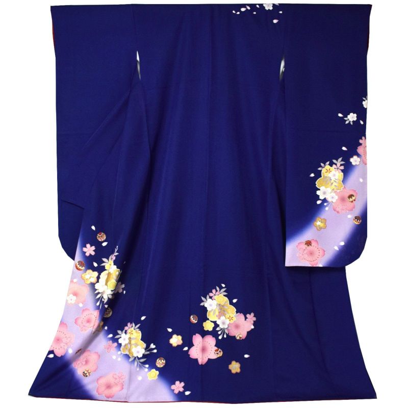 【中古品】仕立て上がり 振袖「紺藍色　桜花に手鞠」貸衣装処分 レンタル処分品 成人式