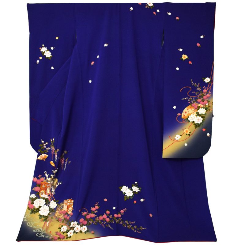 【中古品】仕立て上がり 振袖「紺紫色　四季花に御所車、雪輪」貸衣装処分 レンタル処分品 成人式