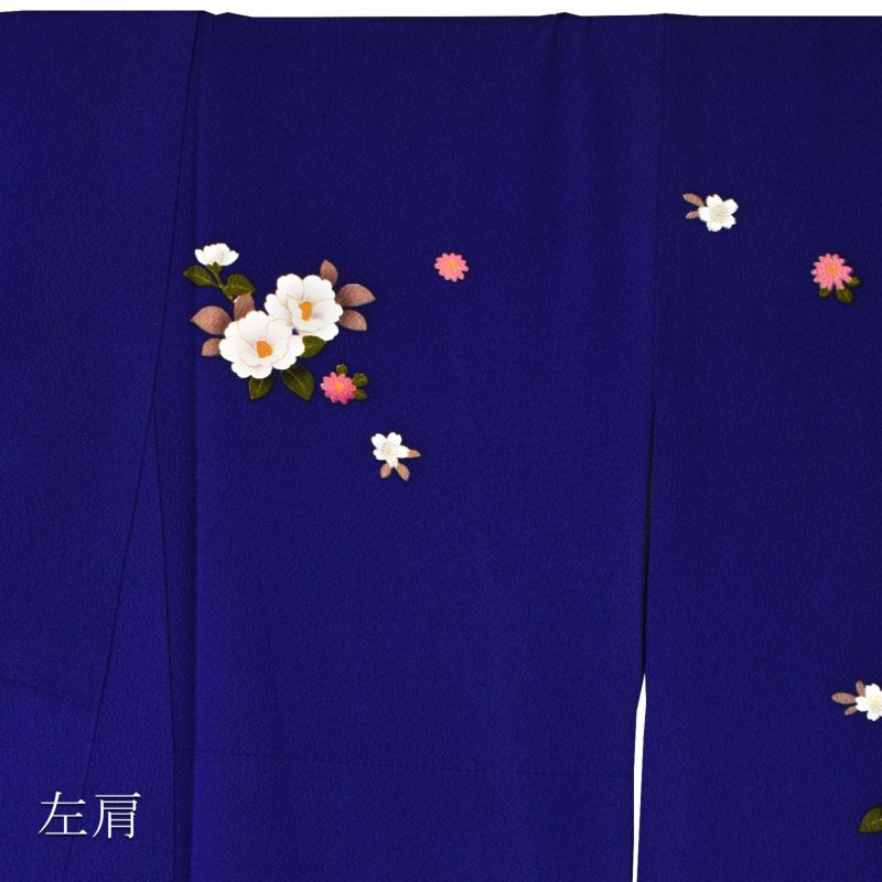 中古品】仕立て上がり 振袖「紺紫色 四季花に御所車、雪輪」貸