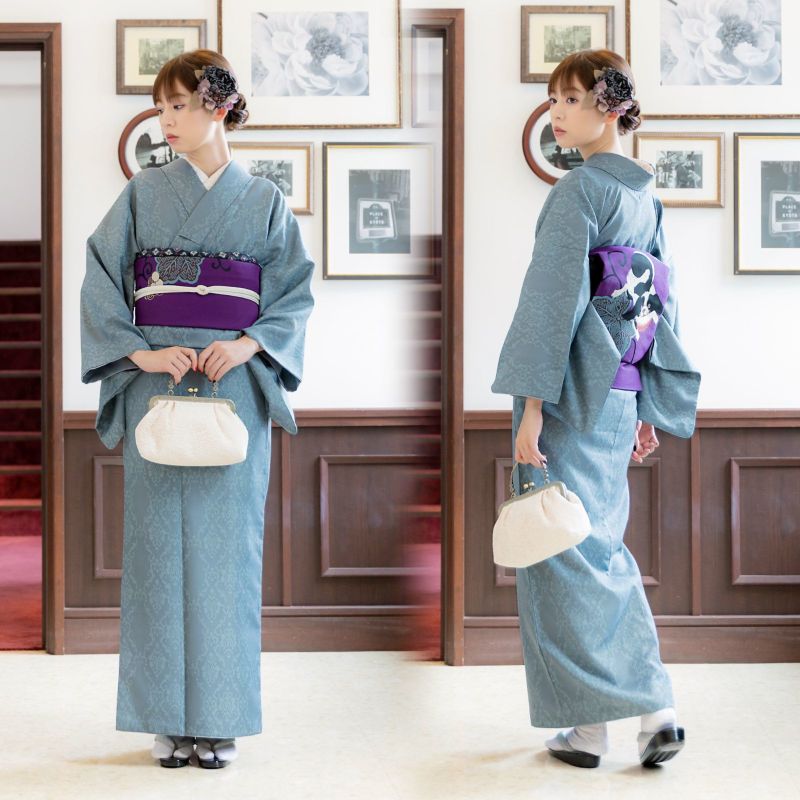 正絹 綾子小紋 白×グレー×ブルー 単品