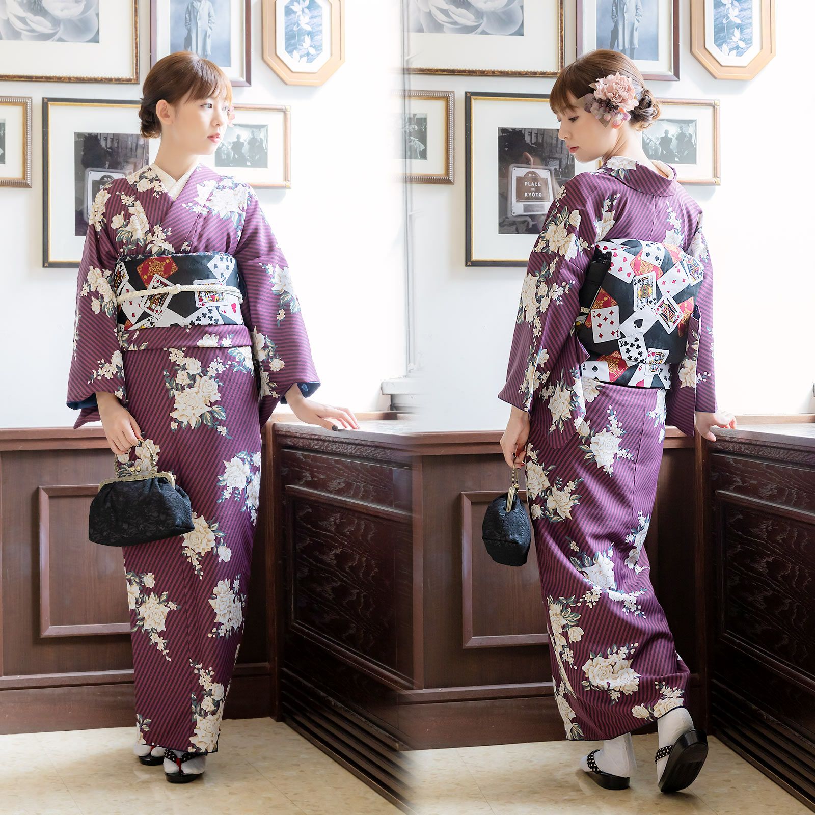 洗える着物 袷着物単品「ストライプブーケ プラム」KIMONOMACHI