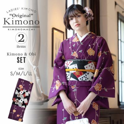 (洗える着物10％OFF5/1迄)洗える着物 セット「袷着物：ばら紫色＋京袋帯：黒トランプ」KIMONOMACHI オリジナル 着物と帯の2点セット サイズS/M/L/LL コーディネート済み着物セット 小紋 レディース キモノ【メール便