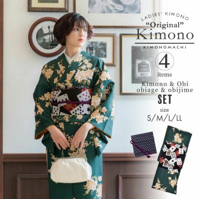 洗える着物 セット「袷着物：ストライプブーケグリーン＋京袋帯：黒トランプ」KIMONOMACHI オリジナル 着物と帯と帯揚げと帯締めの4点セット サイズS/M/L/LL コーディネート済み着物セット 小紋 レディース キモノ【