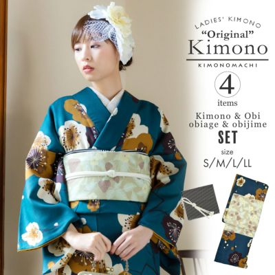 (洗える着物10％OFF5/1迄)洗える着物 セット「袷着物：梅青緑＋京袋帯：蔓いちご」KIMONOMACHI オリジナル 着物と帯と帯揚げと帯締めの4点セット サイズS/M/L/LL コーディネート済み着物セット 小紋 レディース キモ
