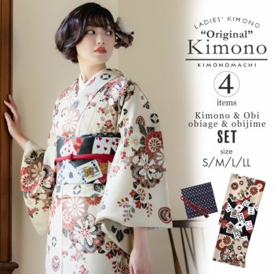 洗える着物 セット「袷着物：花紋散らし灰梅＋京袋帯：黒トランプ」KIMONOMACHI オリジナル 着物と帯と帯揚げと帯締めの4点セット サイズS/M/L/LL コーディネート済み着物セット 小紋 レディース キモノ【メール便不