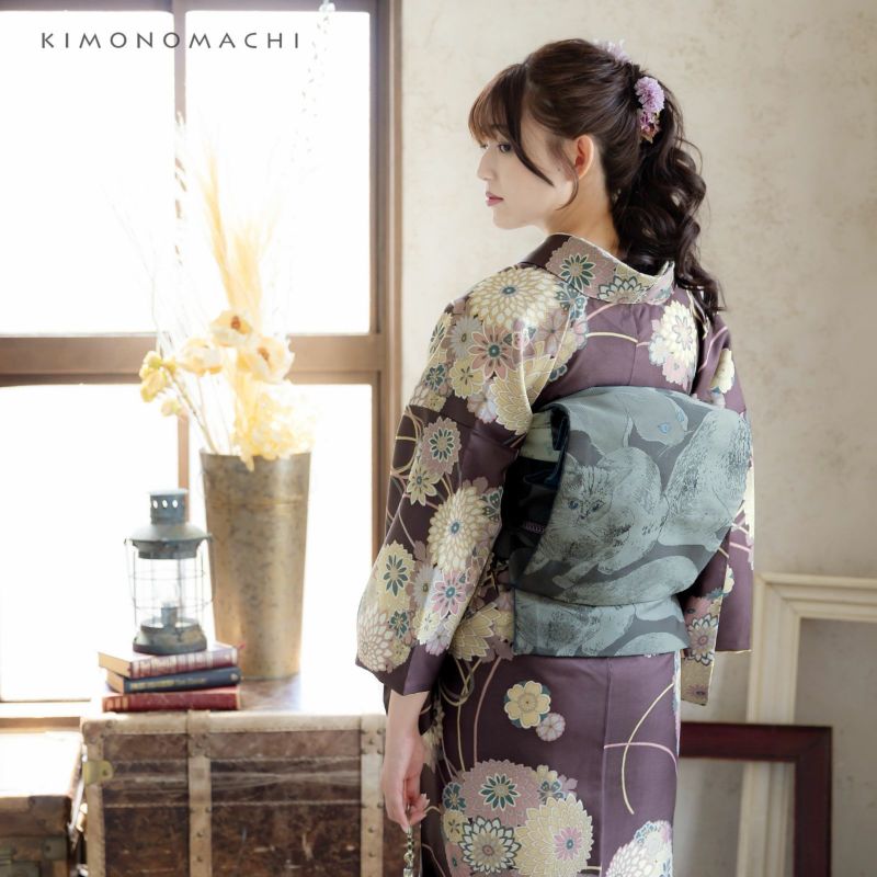 洗える着物 セット「袷着物：花くす玉 紫鳶色＋京袋帯：薄暮の灰