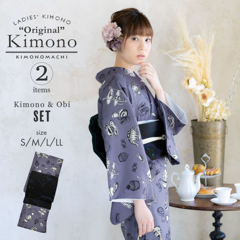 猫と花柄のパープル浴衣 洗える 【公式通販】