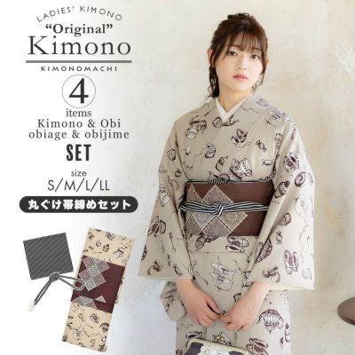 洗える着物 セット「袷着物：アフタヌーンティー　ベージュ＋京袋帯：焦茶色　スクエアレース」KIMONOMACHI オリジナル 着物と帯と帯揚げと丸ぐけの4点セット サイズS/M/L/LL 2023-2024新作 コーディネート済み着物