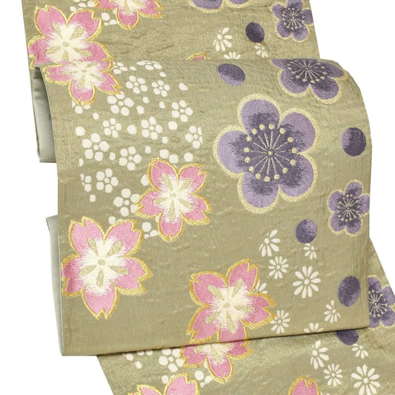 振袖 帯「山葵色　梅に桜」日本製 西陣織 西陣織証紙番号 No.172 岡文織物株式会社謹製 未仕立て 六通柄 振袖用 袋帯 振袖帯