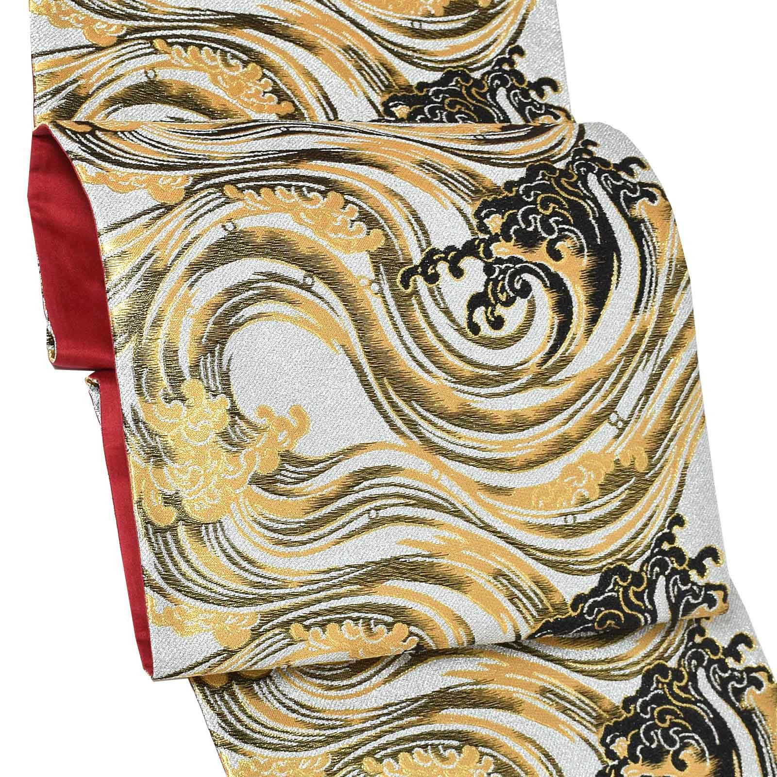 振袖 帯「シルバー　黒×金、荒波」日本製 未仕立て 六通柄 振袖用 袋帯 振袖帯