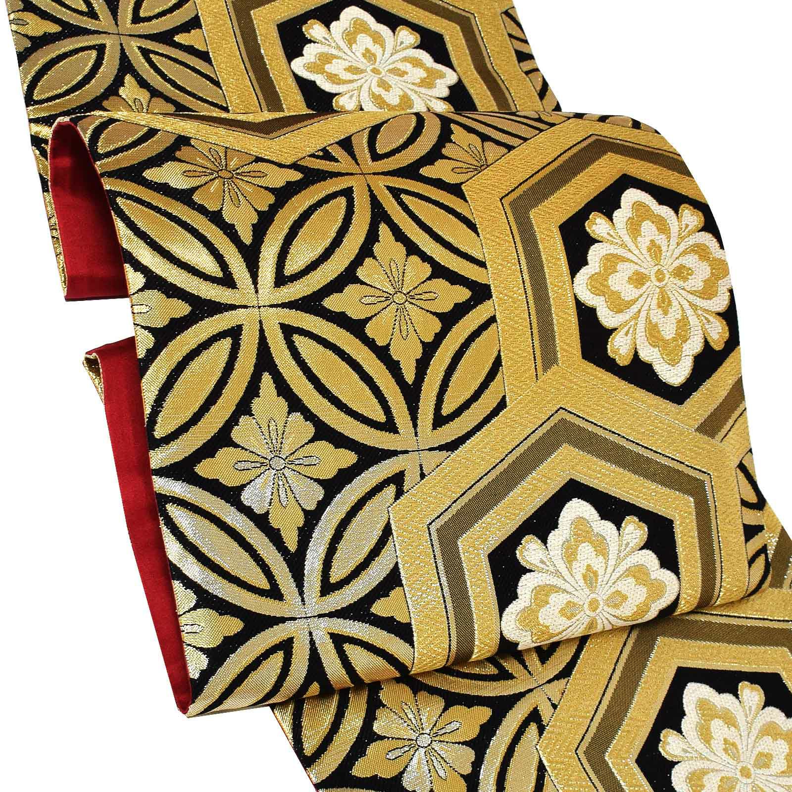 振袖 帯「黒×ゴールド 七宝と亀甲」日本製 未仕立て 六通柄 振袖用  