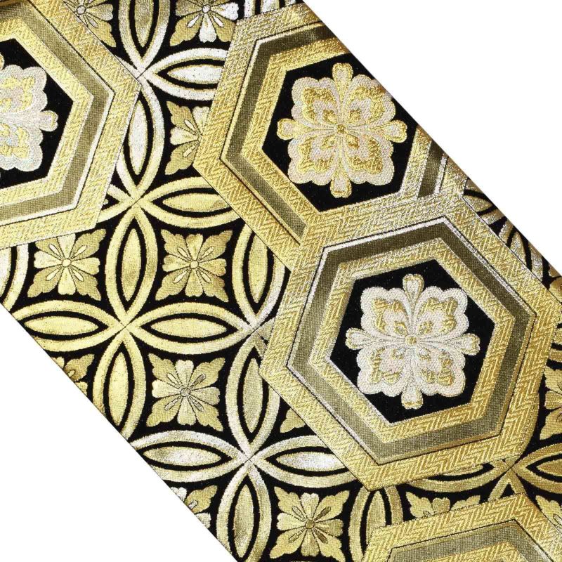 振袖 帯「黒×ゴールド 七宝と亀甲」日本製 未仕立て 六通柄 振袖用 