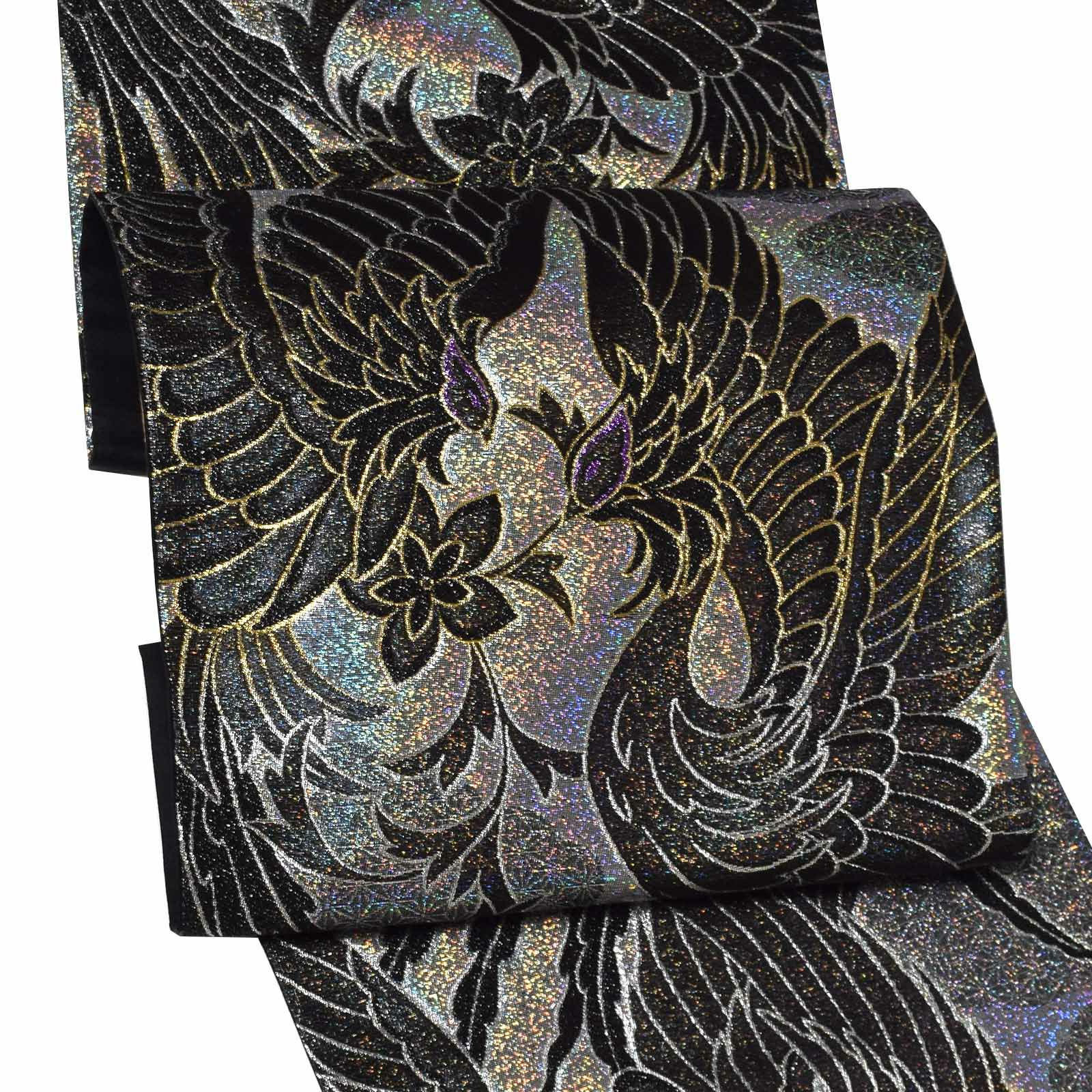 袋帯朱金銀黒色系鳳凰亀甲模様 