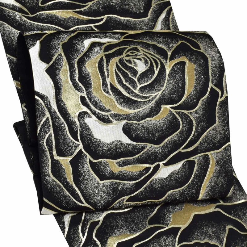 振袖 帯「ブラック　波薔薇」日本製 未仕立て 六通柄 振袖用 袋帯 振袖帯