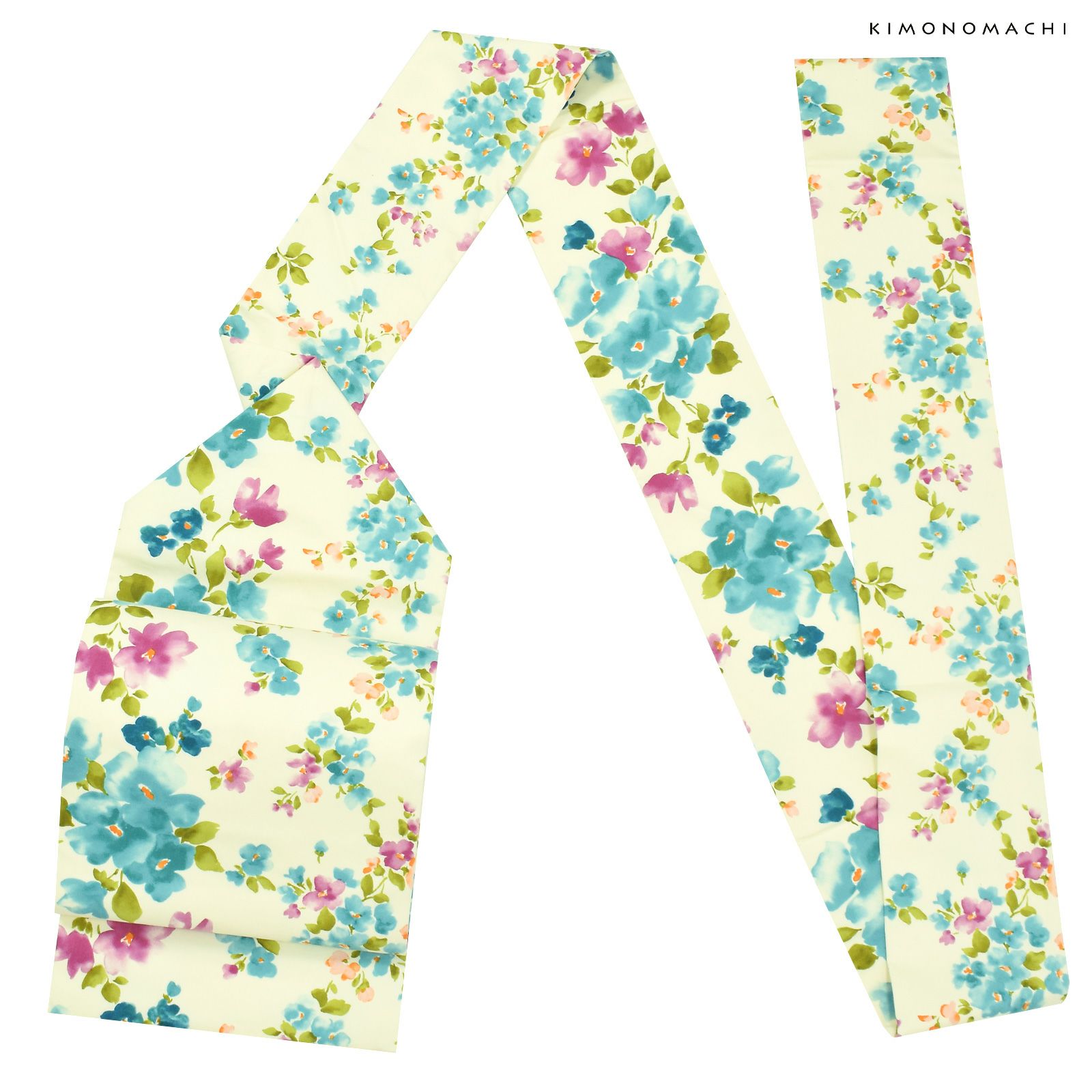 木綿名古屋帯「ブルーフラワー」日本製 KIMONOMACHI オリジナル 木綿帯  