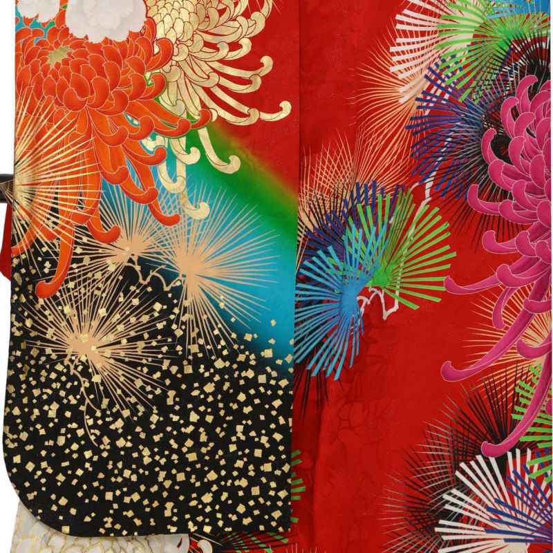 未仕立て 振袖 22点セット「Lako Kula 赤 大輪牡丹菊と松」仮絵羽