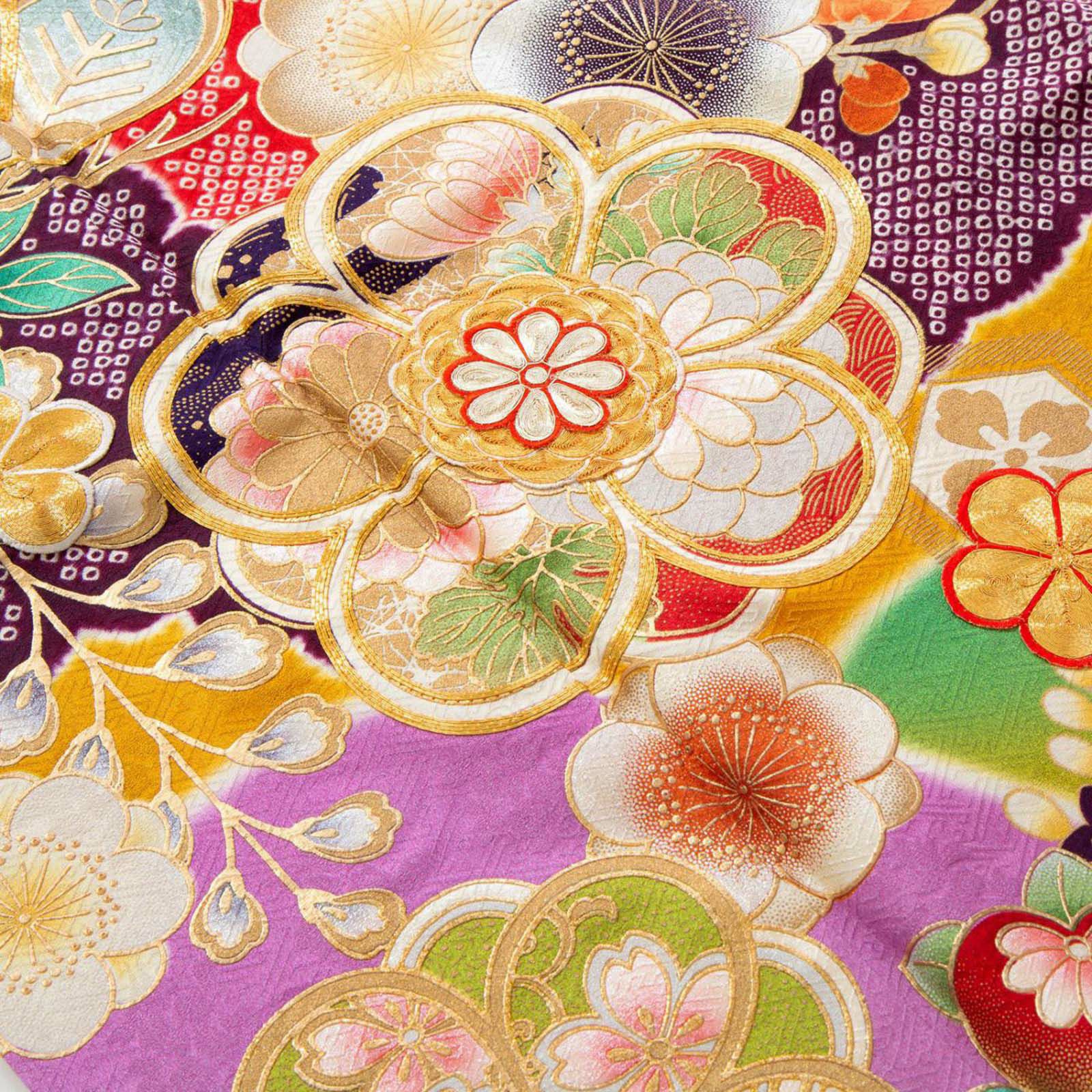 未仕立て 振袖 22点セット「オレンジ×紫 松竹梅桜藤に鶴」仮絵羽  