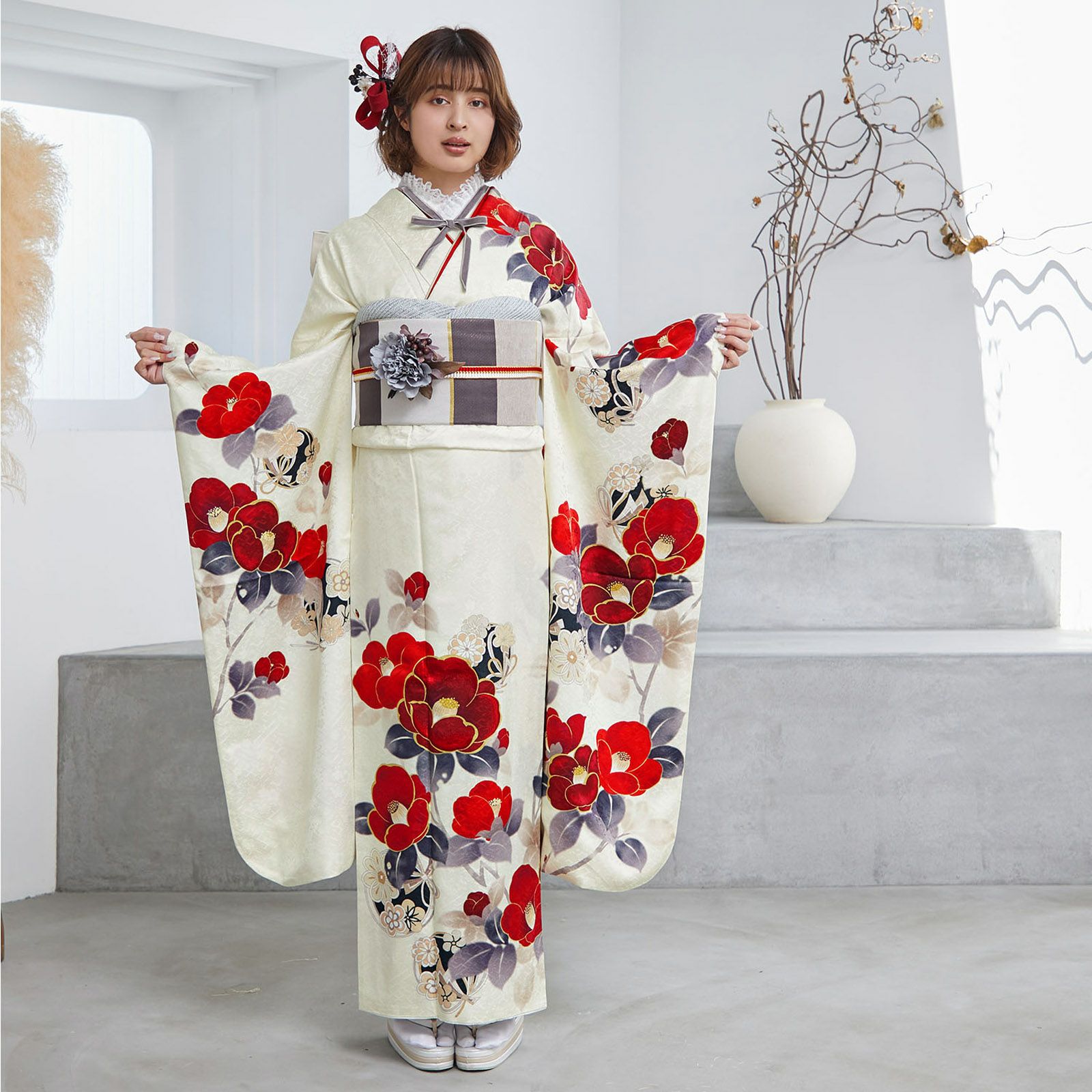 未仕立て 振袖 22点セット「Vサンク クリーム 椿に花丸文」仮絵羽 